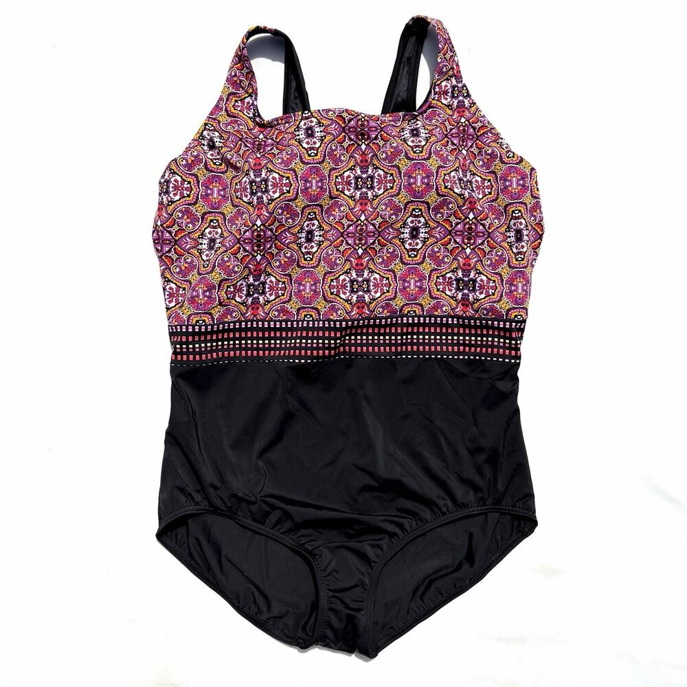 Lands’ End Full Coverage One Piece Swimsuit Womens Plus 22W Black Mosaic Print